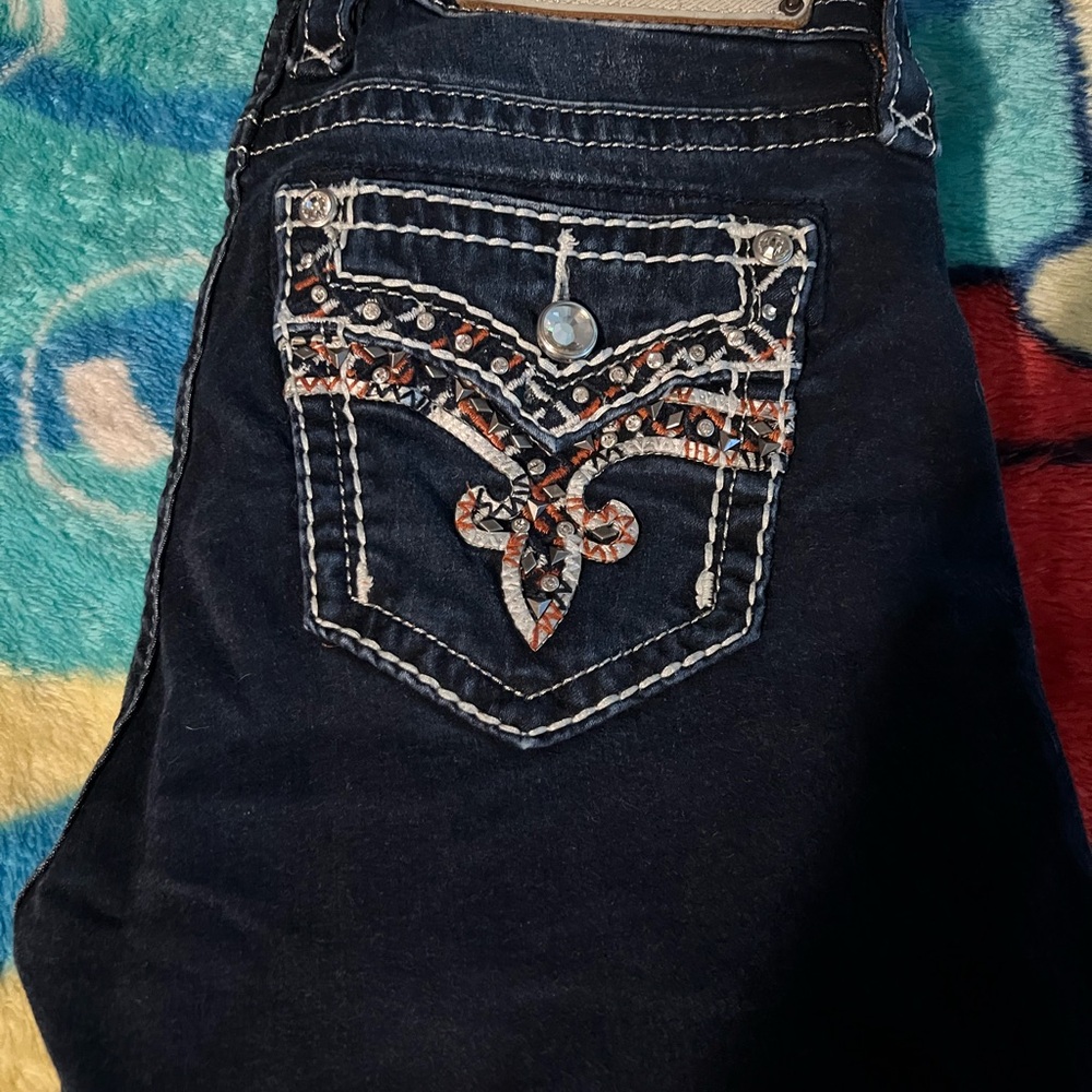 Rock Revival Dark Indigo Boot Cut Jeans with Embroidered Rhinestone Pocket